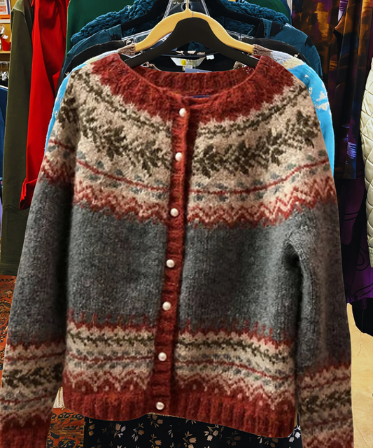 Cardigan en coton à rayures Fair Isle rouges et crème