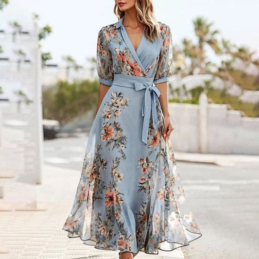 SL | Robe bleue midi à manches courtes et décolleté pointu