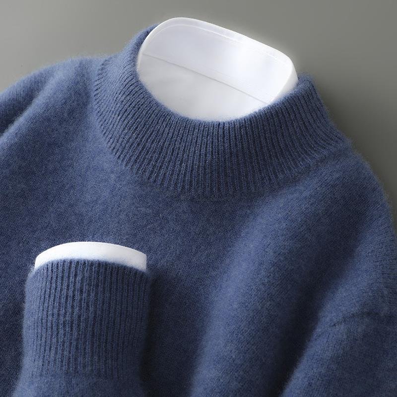 Pull en cachemire à col montant et détails côtelés classiques, coloris crème