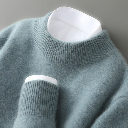 Pull en cachemire à col montant et détails côtelés classiques, coloris crème
