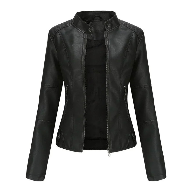 Veste en cuir pour femme à col Mao