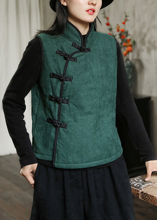 Nouveau gilet polaire vert à col montant, boutons, chaud, sans manches