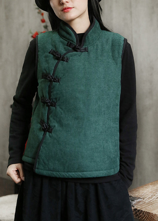 Nouveau gilet polaire vert à col montant, boutons, chaud, sans manches