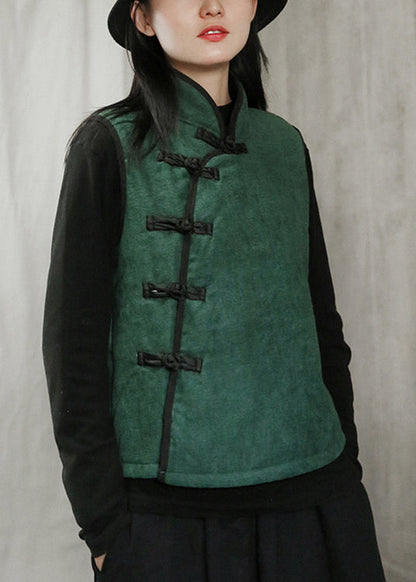Nouveau gilet polaire vert à col montant, boutons, chaud, sans manches