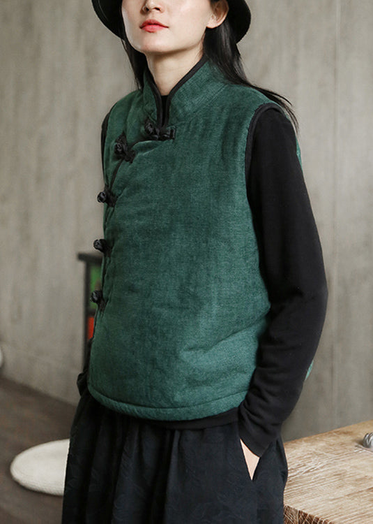 Nouveau gilet polaire vert à col montant, boutons, chaud, sans manches