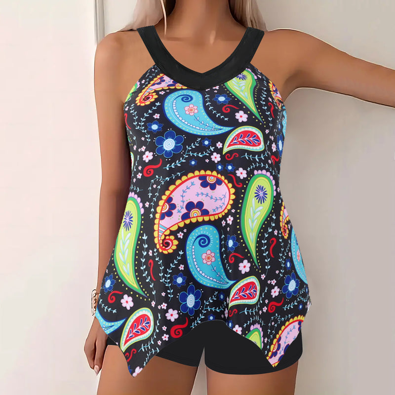 Tankini 2 Piece Swimsuit Shorts Tummy Control High Waist Slim Backless Vacation Beach Wear Scoop Neck Sleeveless Bathing Suits