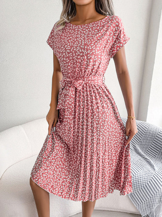 SL | Robes midi avec cravate et imprimé floral Encolure ronde Trapèze