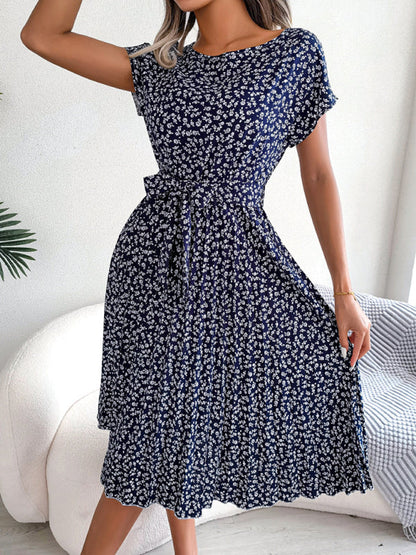 SL | Robes midi avec cravate et imprimé floral Encolure ronde Trapèze