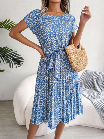 SL | Robes midi avec cravate et imprimé floral Encolure ronde Trapèze