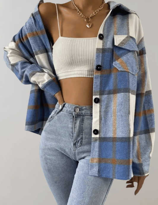 EP | Manteau à carreaux bleus stylé pour femme, grande taille