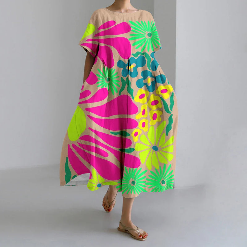 SL | Nouvelles robes d'été pour femmes Exquisite Elégant Col rond Manches courtes Longues Rose Pointillé Irrégulier Imprimé Confortable Robes de Midi
