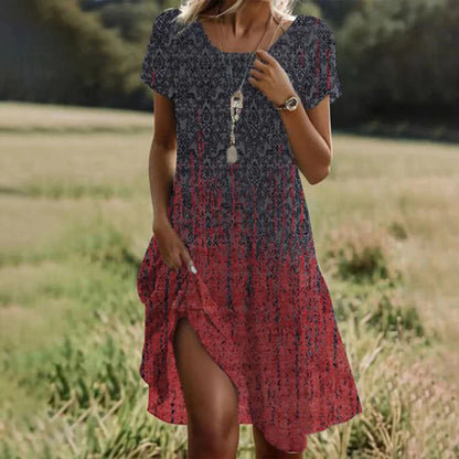 SL | Robes d'été bohème pour femmes Col V Manches courtes Fleur imprimée Plage Vacances Robe Femme Maxi Boho