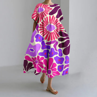 SL | Nouvelles robes d'été pour femmes Exquisite Elégant Col rond Manches courtes Longues Rose Pointillé Irrégulier Imprimé Confortable Robes de Midi