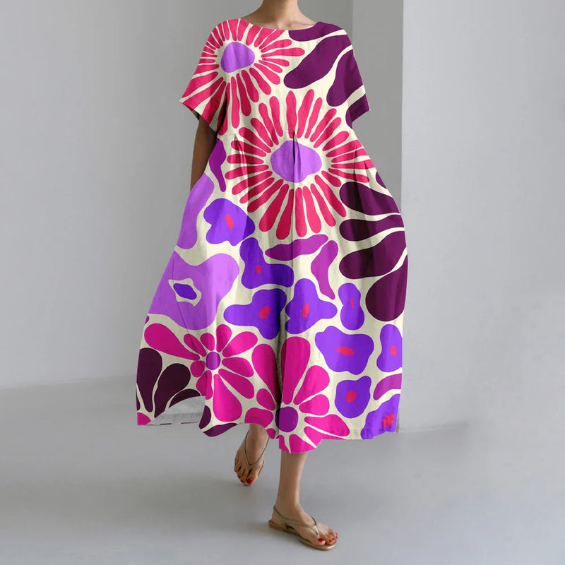 SL | Nouvelles robes d'été pour femmes Exquisite Elégant Col rond Manches courtes Longues Rose Pointillé Irrégulier Imprimé Confortable Robes de Midi