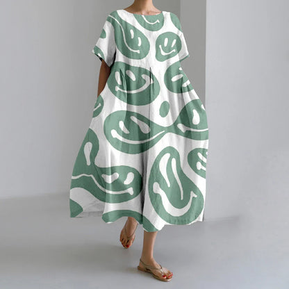 SL | Nouvelles robes d'été pour femmes Exquisite Elégant Col rond Manches courtes Longues Rose Pointillé Irrégulier Imprimé Confortable Robes de Midi