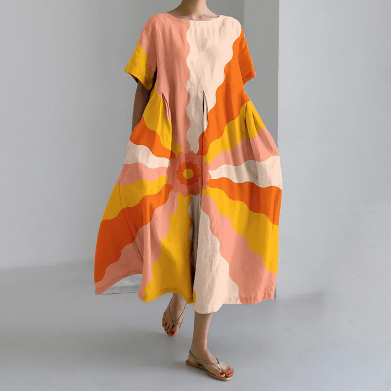 SL | Nouvelles robes d'été pour femmes Exquisite Elégant Col rond Manches courtes Longues Rose Pointillé Irrégulier Imprimé Confortable Robes de Midi