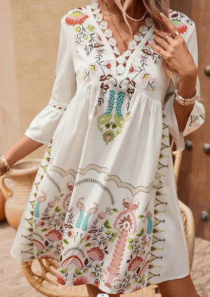 SL | 2025 Robe Femme Vacances d'été Col V Manches Longues Impression Fleur Plage Robe de Fête Sexy Mini Vêtements Pour Femme Vestidos