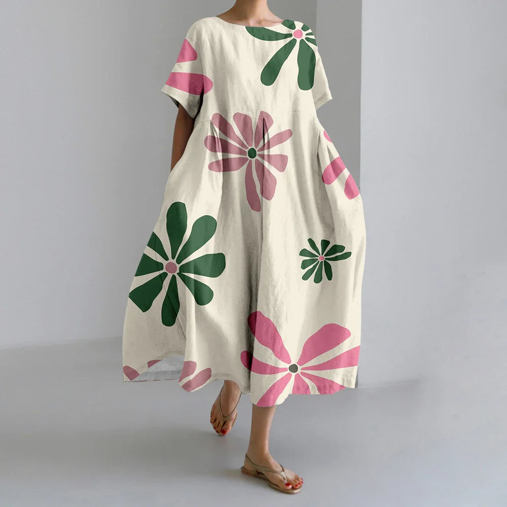 SL | Nouvelles robes d'été pour femmes Exquisite Elégant Col rond Manches courtes Longues Rose Pointillé Irrégulier Imprimé Confortable Robes de Midi