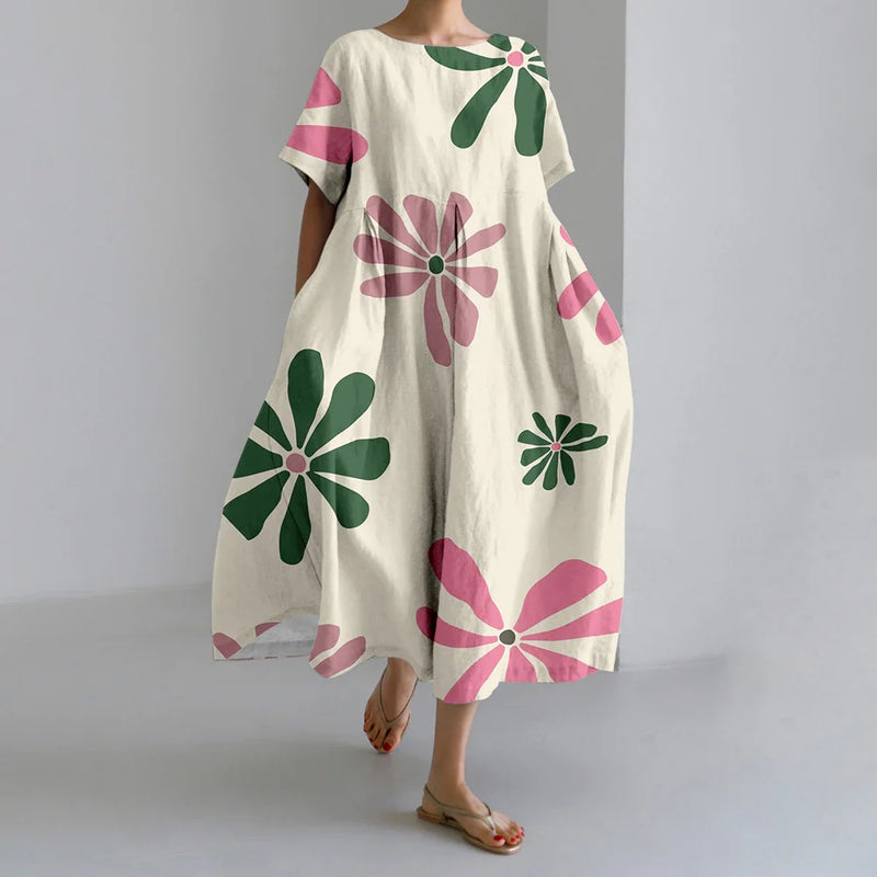 SL | Nouvelles robes d'été pour femmes Exquisite Elégant Col rond Manches courtes Longues Rose Pointillé Irrégulier Imprimé Confortable Robes de Midi