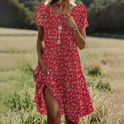 SL | Robes d'été bohème pour femmes Col V Manches courtes Fleur imprimée Plage Vacances Robe Femme Maxi Boho