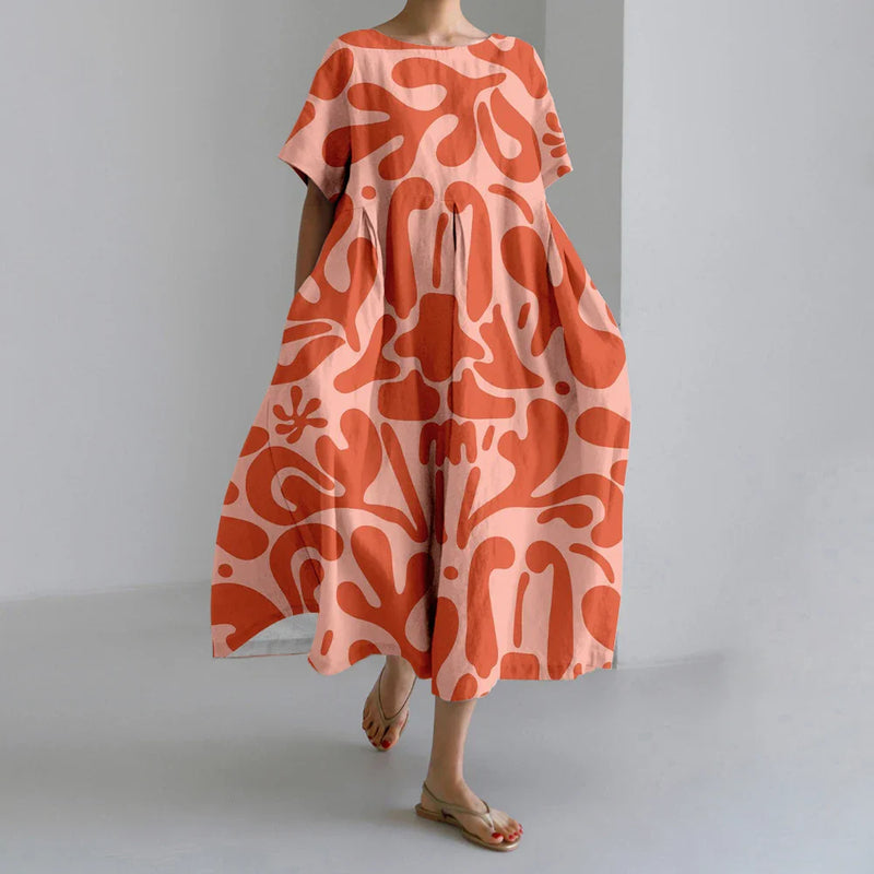 SL | Nouvelles robes d'été pour femmes Exquisite Elégant Col rond Manches courtes Longues Rose Pointillé Irrégulier Imprimé Confortable Robes de Midi