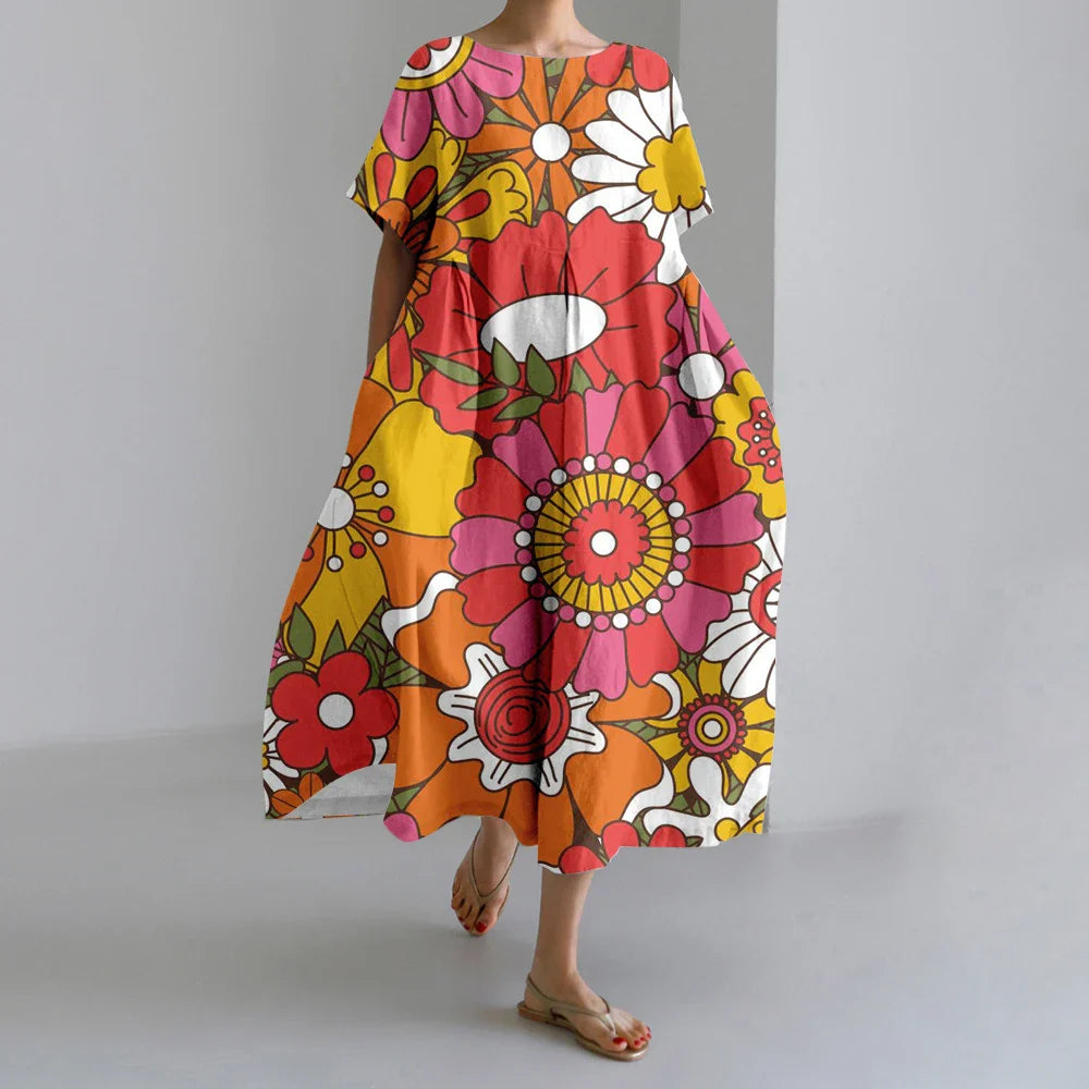 SL | Nouvelles robes d'été pour femmes Exquisite Elégant Col rond Manches courtes Longues Rose Pointillé Irrégulier Imprimé Confortable Robes de Midi