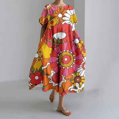 SL | Nouvelles robes d'été pour femmes Exquisite Elégant Col rond Manches courtes Longues Rose Pointillé Irrégulier Imprimé Confortable Robes de Midi