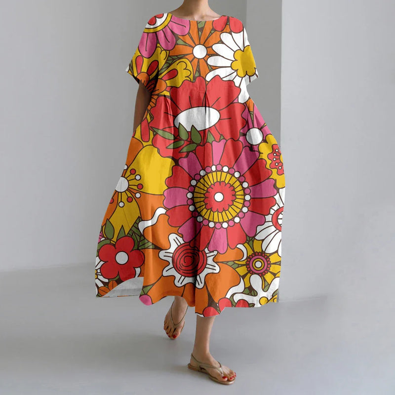 SL | Nouvelles robes d'été pour femmes Exquisite Elégant Col rond Manches courtes Longues Rose Pointillé Irrégulier Imprimé Confortable Robes de Midi