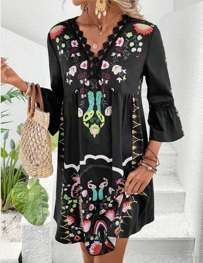 SL | 2025 Robe Femme Vacances d'été Col V Manches Longues Impression Fleur Plage Robe de Fête Sexy Mini Vêtements Pour Femme Vestidos