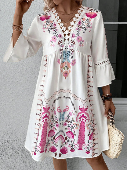 SL | 2025 Robe Femme Vacances d'été Col V Manches Longues Impression Fleur Plage Robe de Fête Sexy Mini Vêtements Pour Femme Vestidos