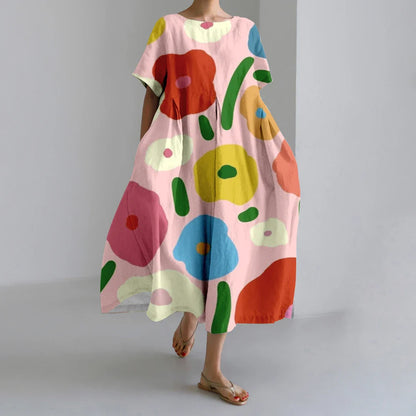 SL | Nouvelles robes d'été pour femmes Exquisite Elégant Col rond Manches courtes Longues Rose Pointillé Irrégulier Imprimé Confortable Robes de Midi