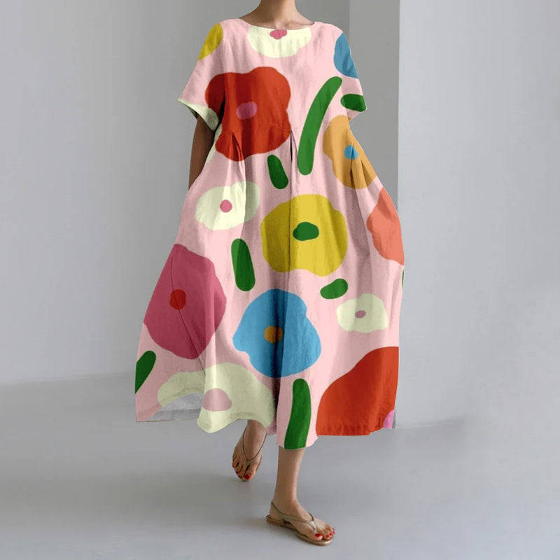 SL | Nouvelles robes d'été pour femmes Exquisite Elégant Col rond Manches courtes Longues Rose Pointillé Irrégulier Imprimé Confortable Robes de Midi