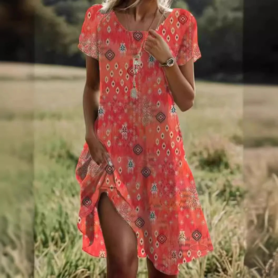 SL | Robes d'été bohème pour femmes Col V Manches courtes Fleur imprimée Plage Vacances Robe Femme Maxi Boho