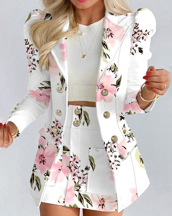 EP | Blazer à double boutonnage avec imprimé floral et manches bouffantes