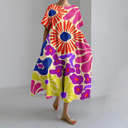 SL | Nouvelles robes d'été pour femmes Exquisite Elégant Col rond Manches courtes Longues Rose Pointillé Irrégulier Imprimé Confortable Robes de Midi