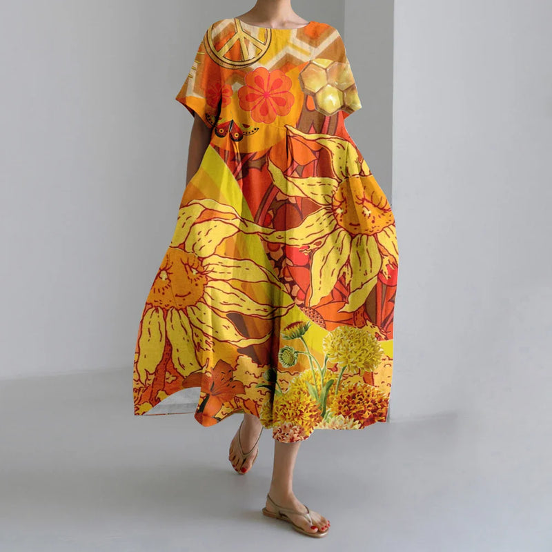 SL | Nouvelles robes d'été pour femmes Exquisite Elégant Col rond Manches courtes Longues Rose Pointillé Irrégulier Imprimé Confortable Robes de Midi