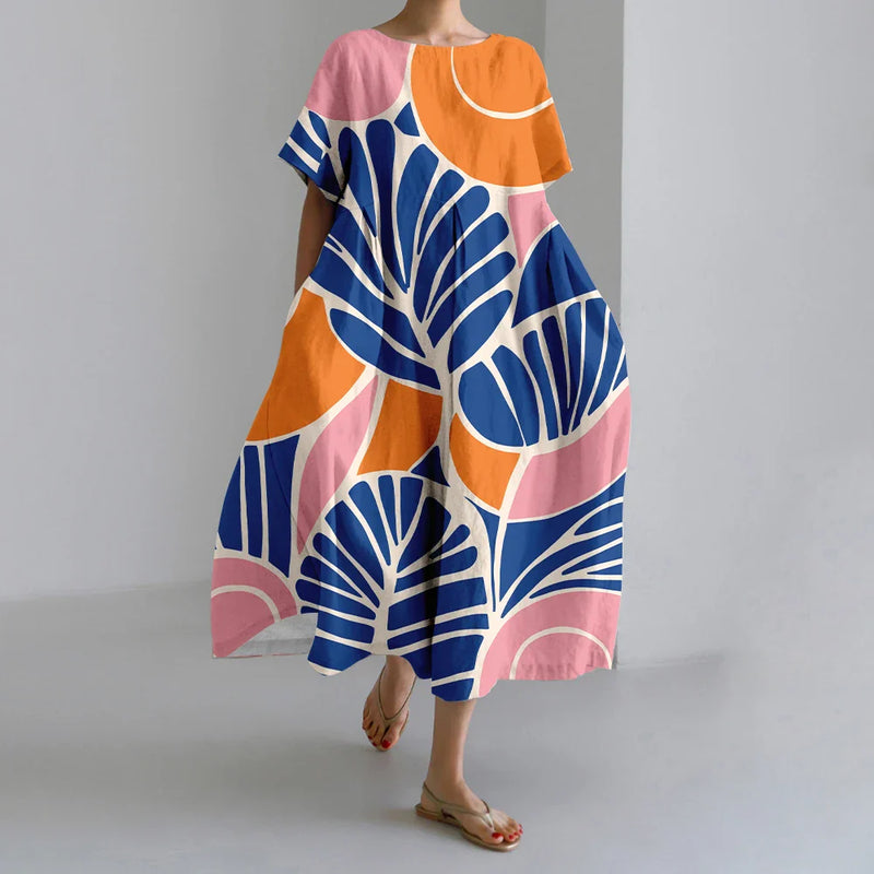 SL | Nouvelles robes d'été pour femmes Exquisite Elégant Col rond Manches courtes Longues Rose Pointillé Irrégulier Imprimé Confortable Robes de Midi