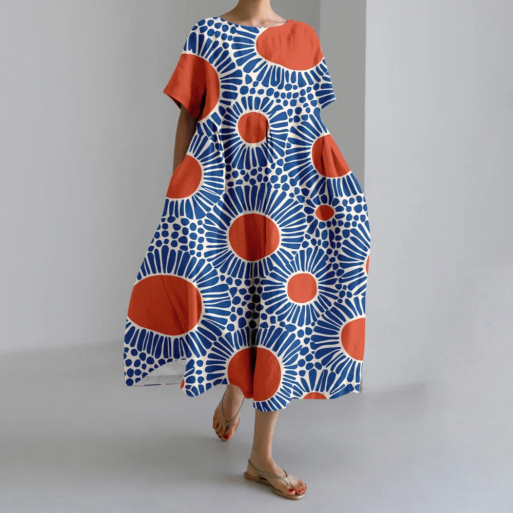 SL | Nouvelles robes d'été pour femmes Exquisite Elégant Col rond Manches courtes Longues Rose Pointillé Irrégulier Imprimé Confortable Robes de Midi