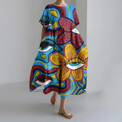 SL | Nouvelles robes d'été pour femmes Exquisite Elégant Col rond Manches courtes Longues Rose Pointillé Irrégulier Imprimé Confortable Robes de Midi