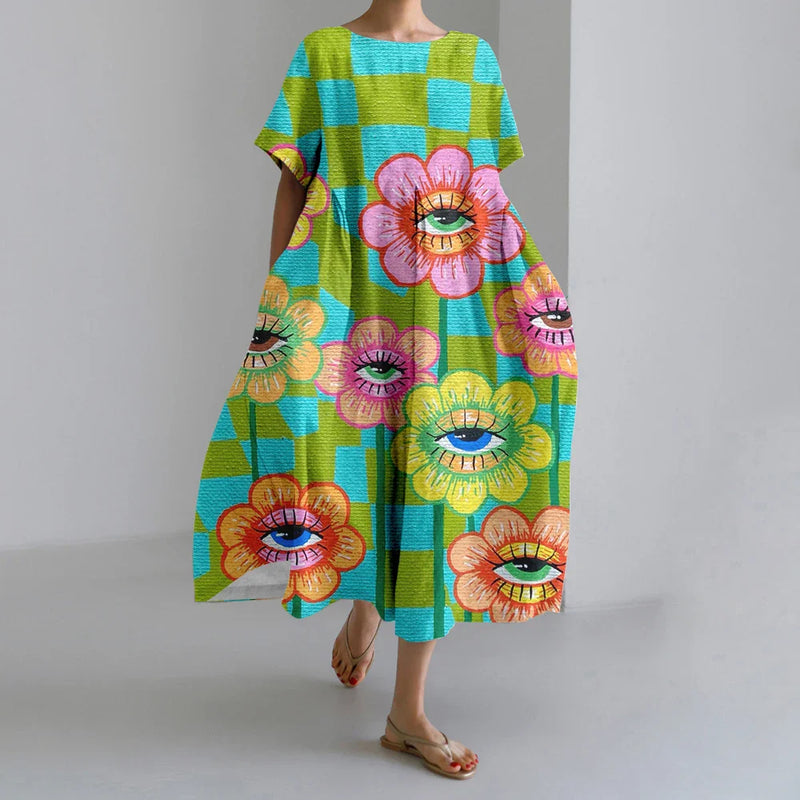 SL | Nouvelles robes d'été pour femmes Exquisite Elégant Col rond Manches courtes Longues Rose Pointillé Irrégulier Imprimé Confortable Robes de Midi