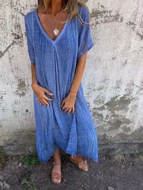 SL | Robe midi en coton et lin avec col en V