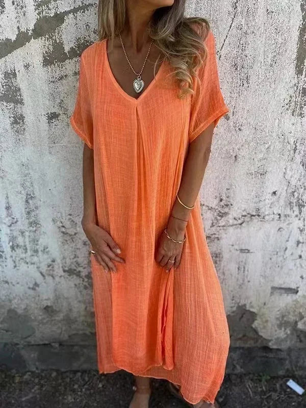 SL | Robe midi en coton et lin avec col en V