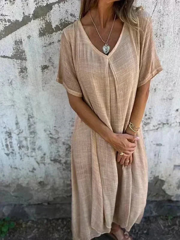 SL | Robe midi en coton et lin avec col en V