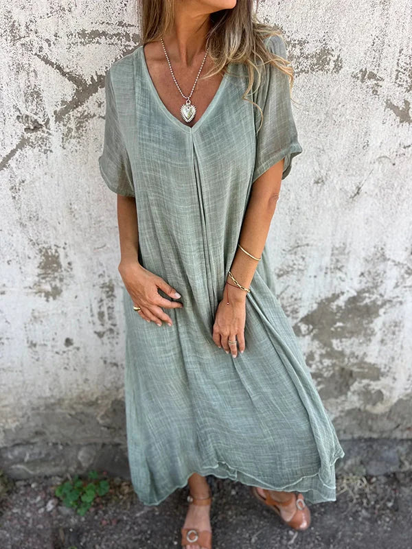 SL | Robe midi en coton et lin avec col en V