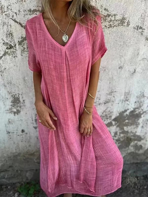SL | Robe midi en coton et lin avec col en V