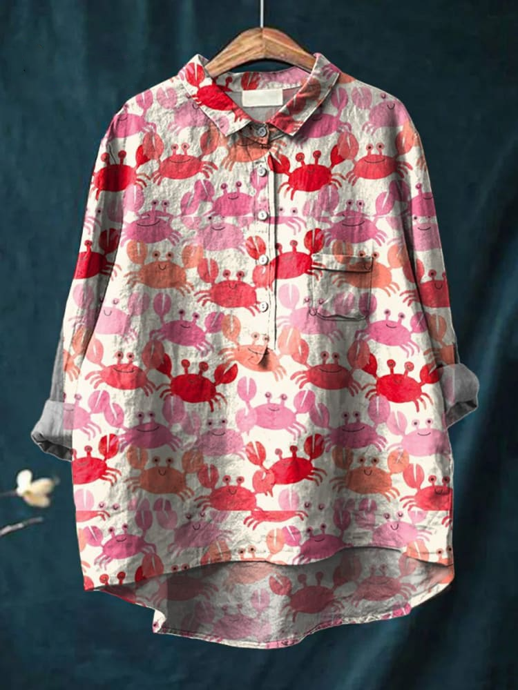 Women's Watercolor Crab Art Print Casual Cotton And Linen Shirt