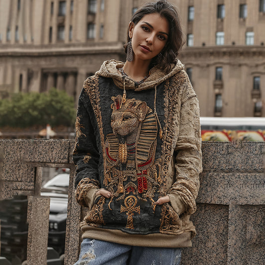 Women's Vintage Ancient Egyptian Ankh Cat Pattern Casual Hoodie elevenforest