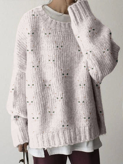 Comstylish Cute Cat Face Pattern Crew Neck Comfy Sweater