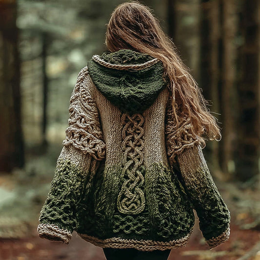 Women's Vintage Celtic Knot Gradient Pattern Knit Hooded Sweater artswardrobe