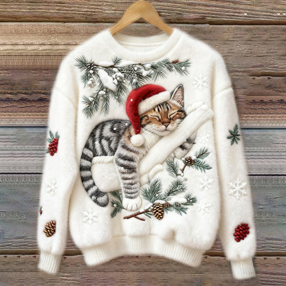 Christmas Lazy Cat Art Women's Cozy Plush Sweater artswardrobe